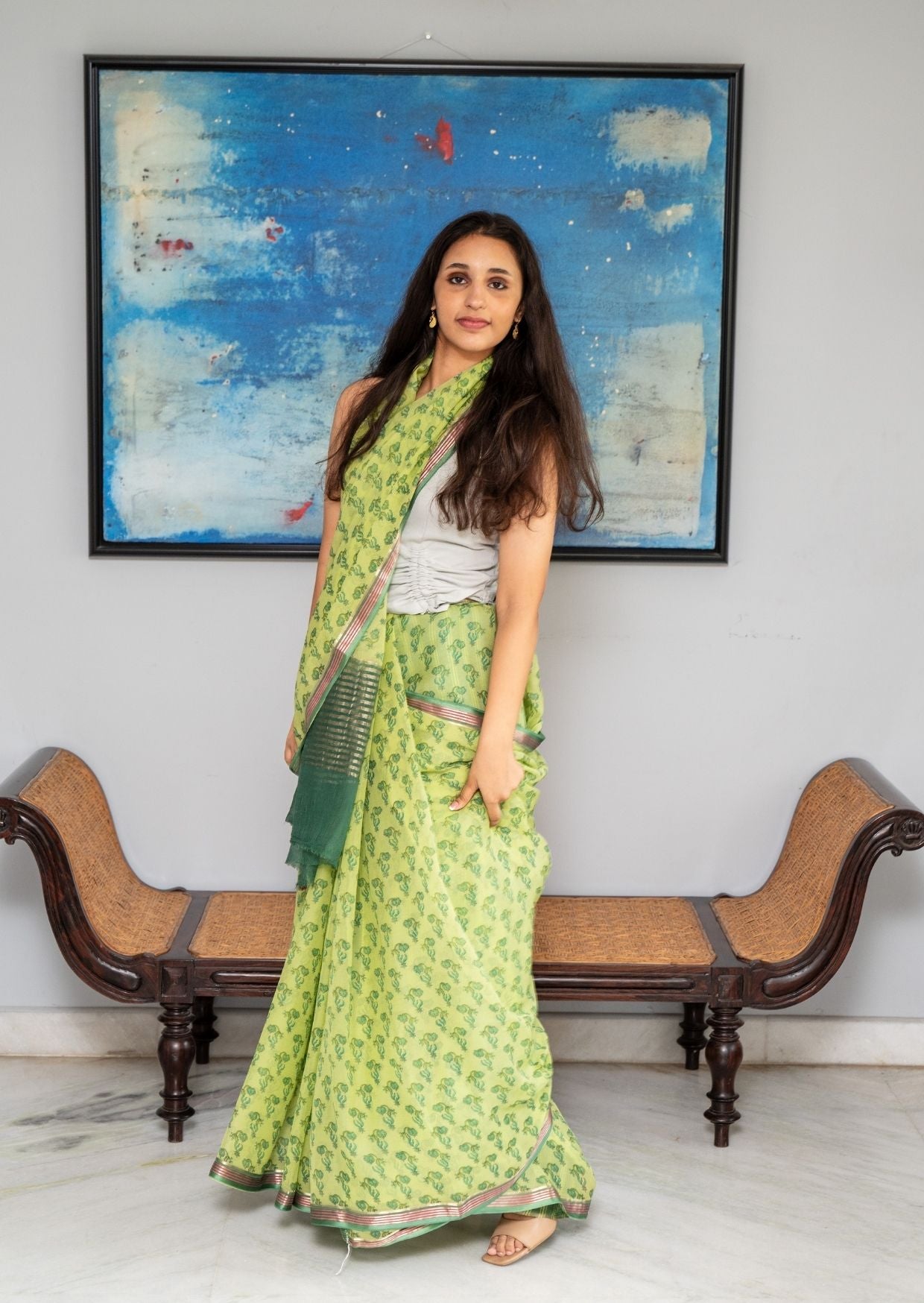 Green Printed Silk Chiffon Saree
