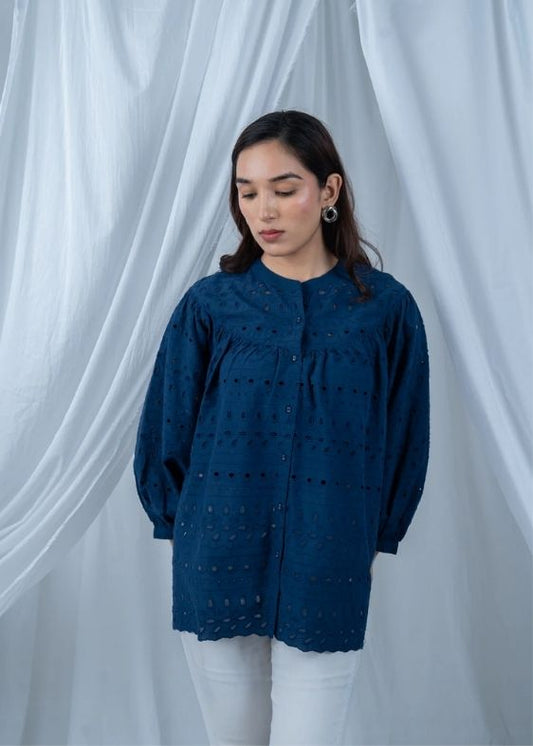 SS 2407 Navy Embroidered Cotton Top