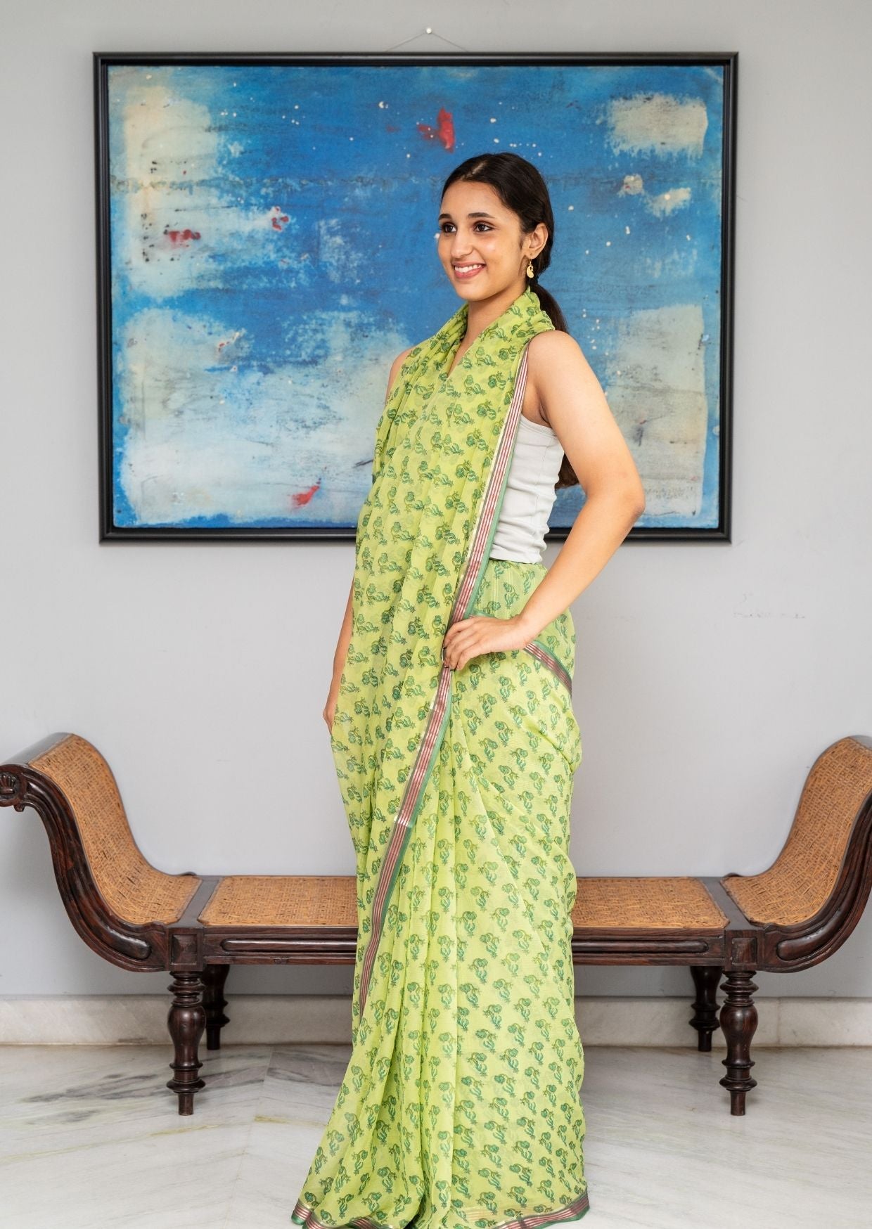 Green Printed Silk Chiffon Saree