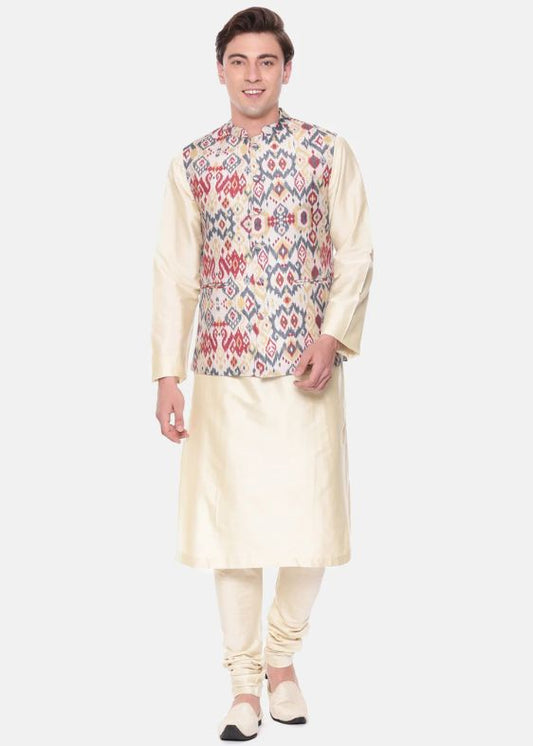 Red Beige Printed Muslin Nehru Jacket