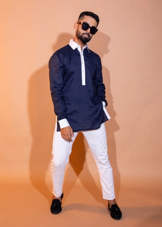 Pure Linen Constrast Collar Shirt- Navy