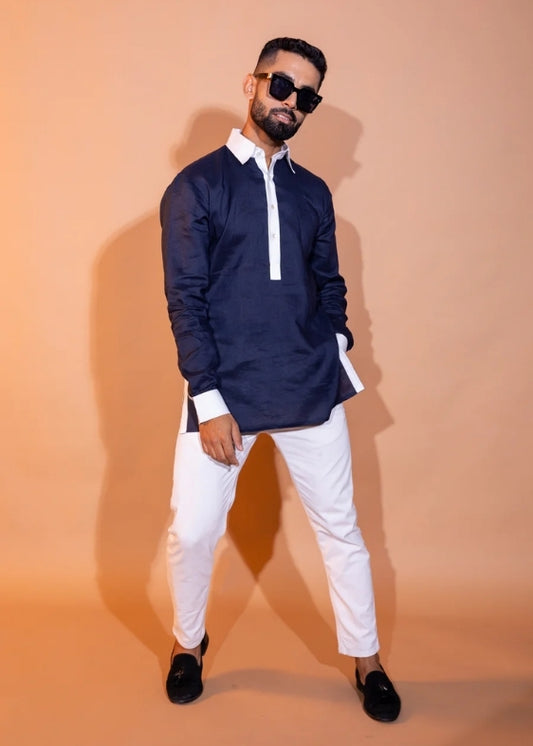 Pure Linen Constrast Collar Shirt- Navy