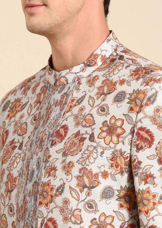 Grey Floral Printed Designer Bandhgala