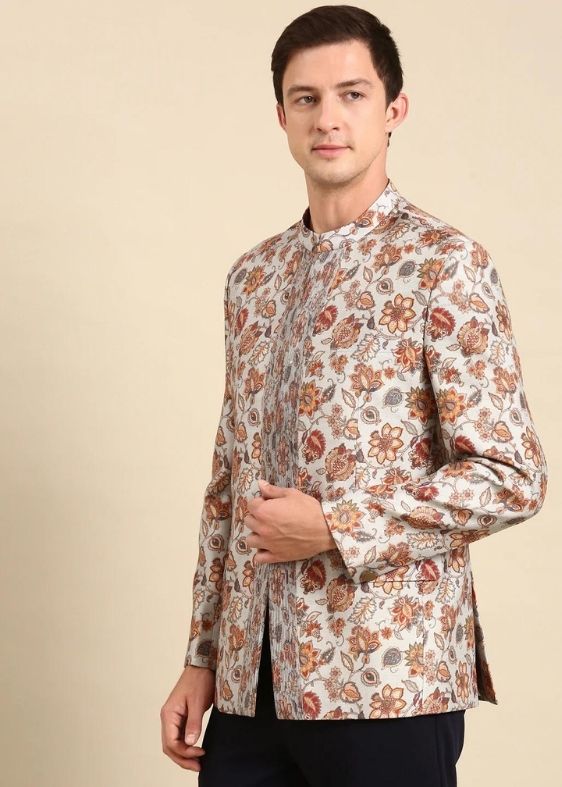 Grey Floral Printed Designer Bandhgala