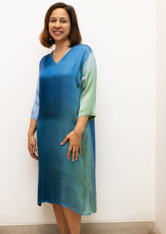 Blue V Neck Shaded Modal Silk Dress