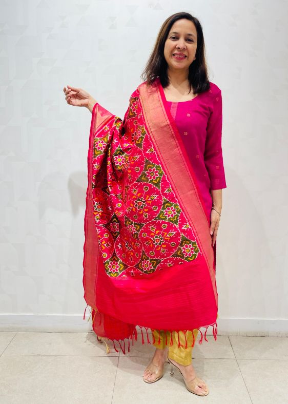 Pink silk zari ikat dupatta