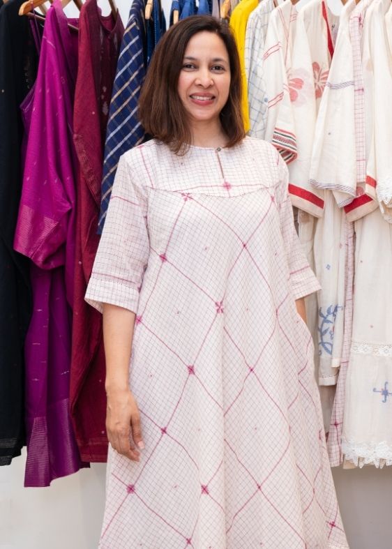 White and Pink Checks Jamdani Cotton Dress