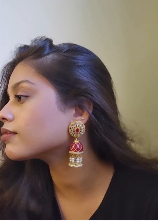 Polki Jhumkas embellished with Pink Enamel