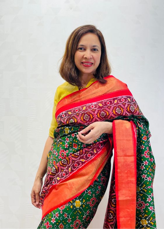 Green and Red Silk Ikat Saree