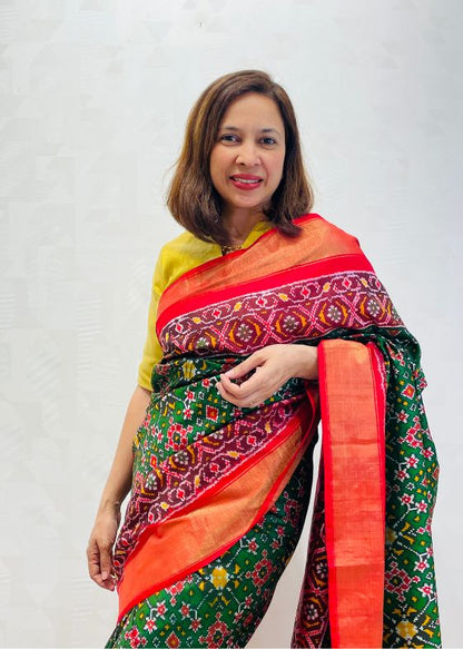 Green and Red Silk Ikat Saree