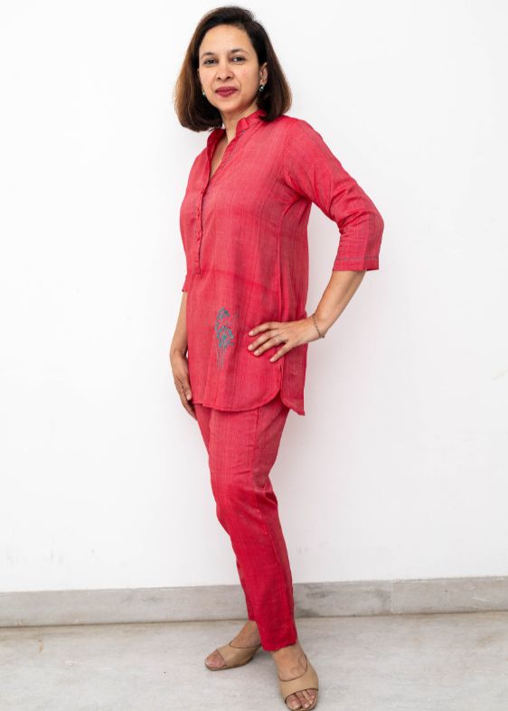 Red Flower Spring Tussar Cotton Tunic