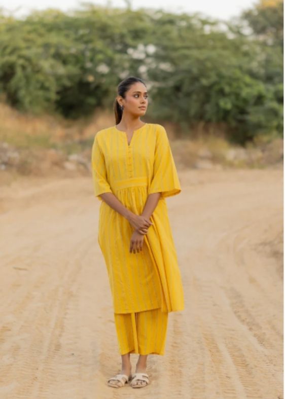 Yellow Sunshine Striped Kurta Set