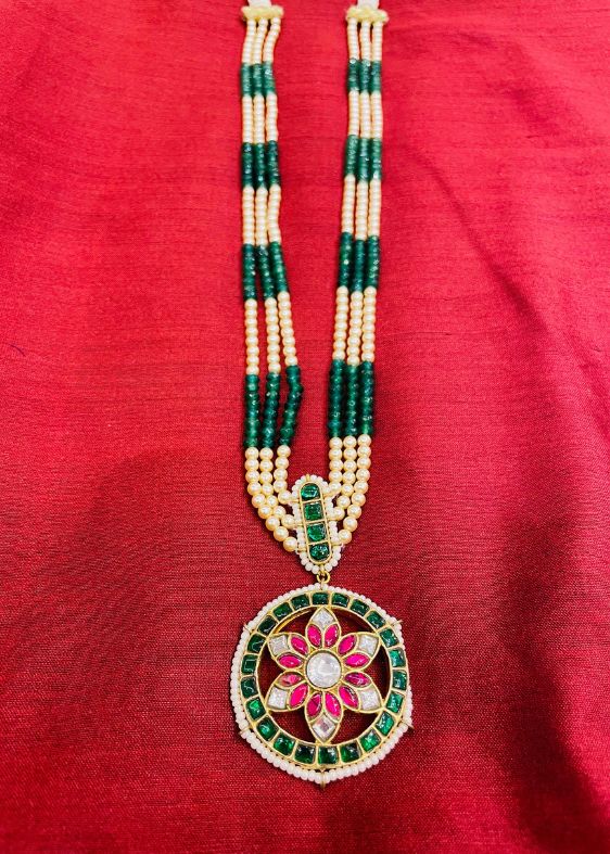 Green and White three layers chain with green&pink pendent