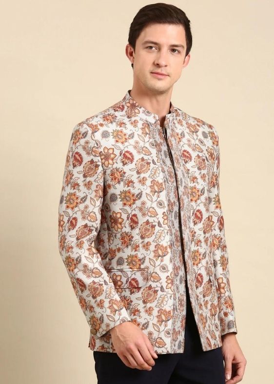 Grey Floral Printed Designer Bandhgala