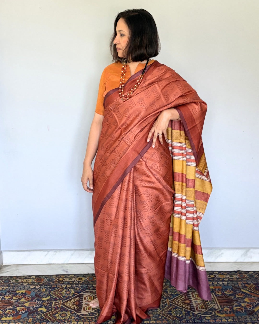 Brown Printed Tussar Silk Saree