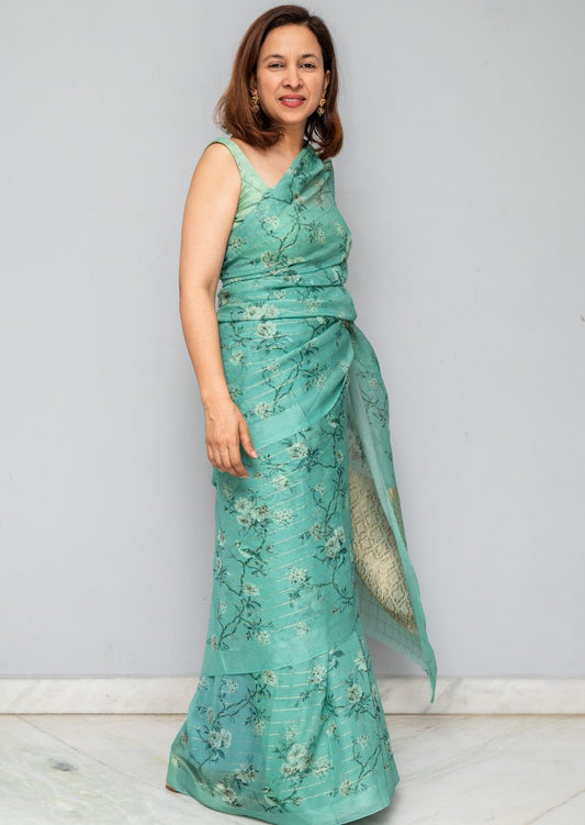 Blue Printed Silk Chiffon Saree