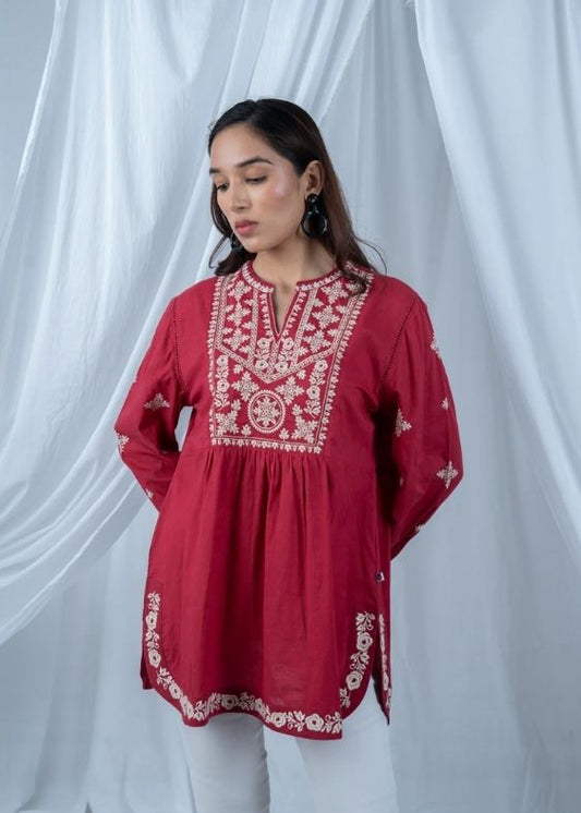 SS 2401 Red Embroidered Cotton Top