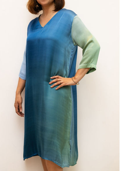 Blue V Neck Shaded Modal Silk Dress