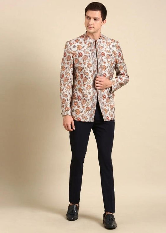 Grey Floral Printed Designer Bandhgala