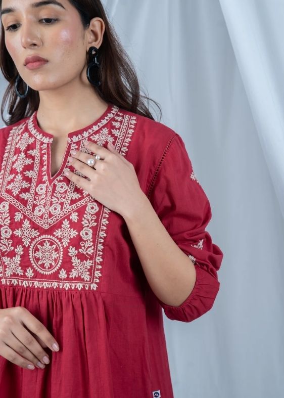 SS 2401 Red Embroidered Cotton Top