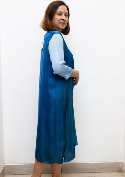Blue V Neck Shaded Modal Silk Dress