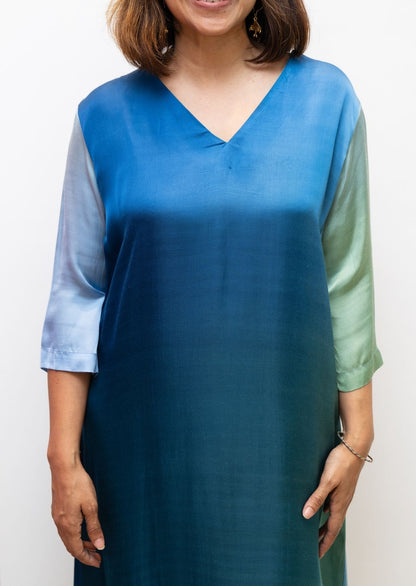 Blue V Neck Shaded Modal Silk Dress