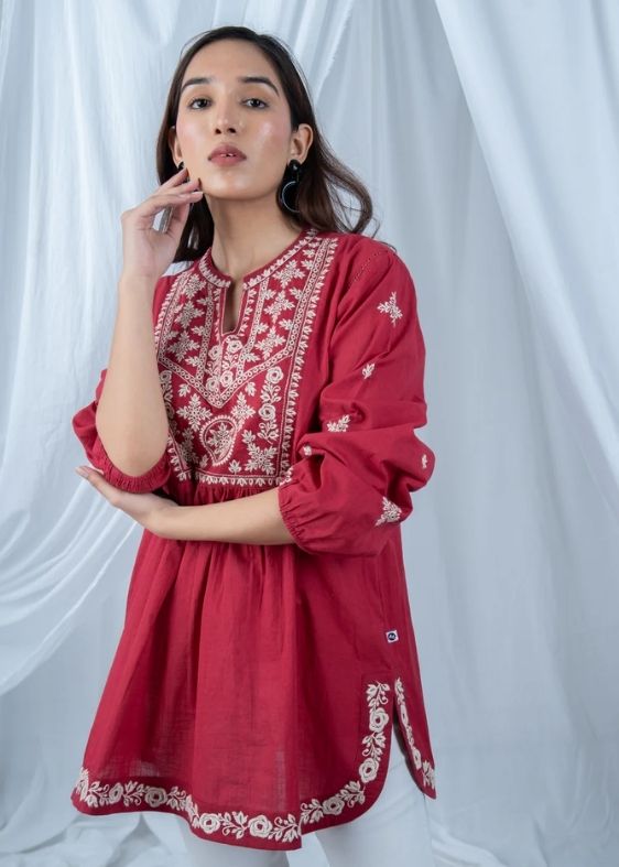 SS 2401 Red Embroidered Cotton Top