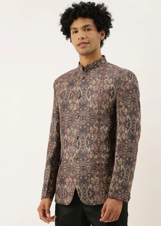 Chanderi Brown Printed Bandhgala