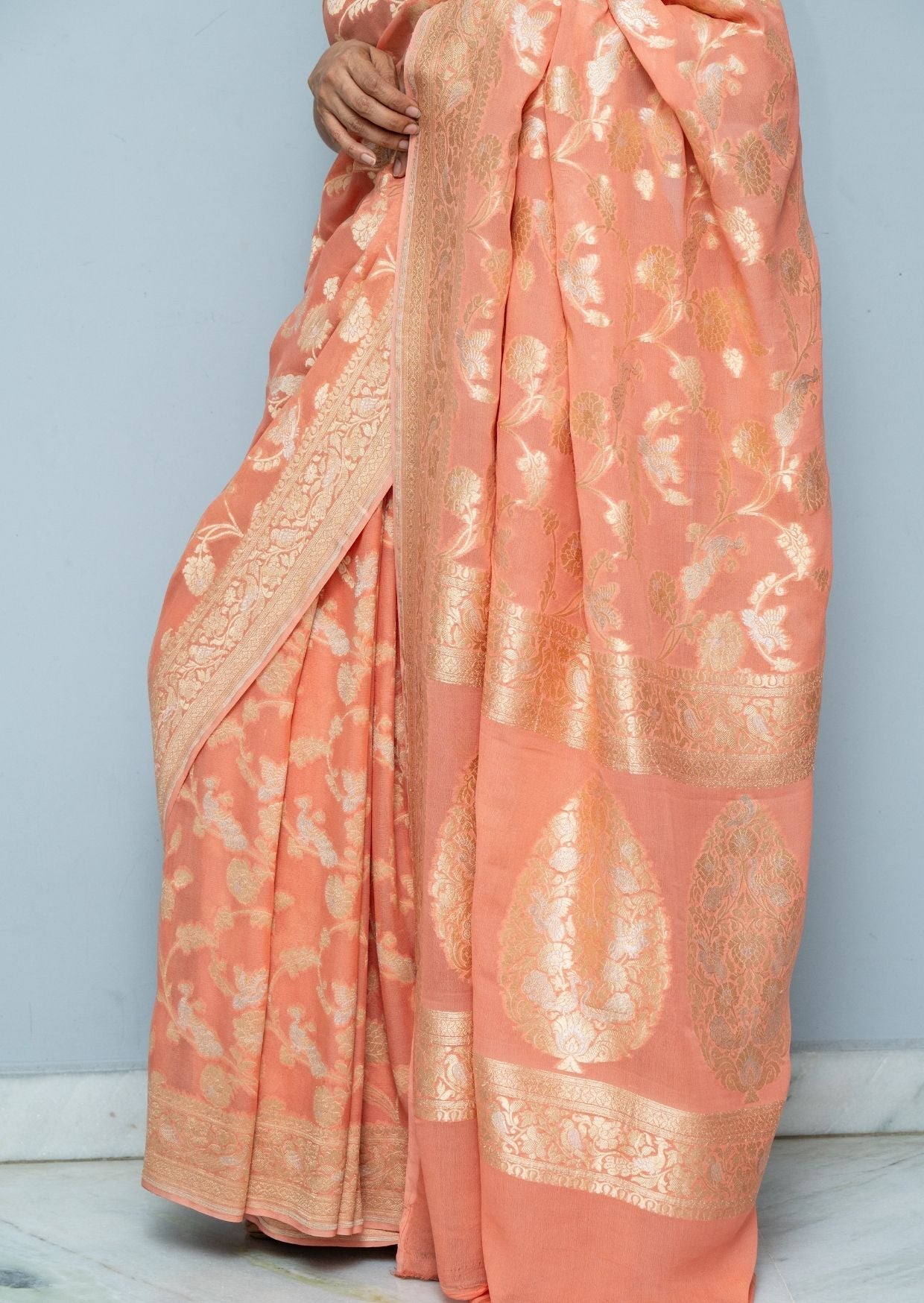 Peach Brocade Benarasi Georgette Silk