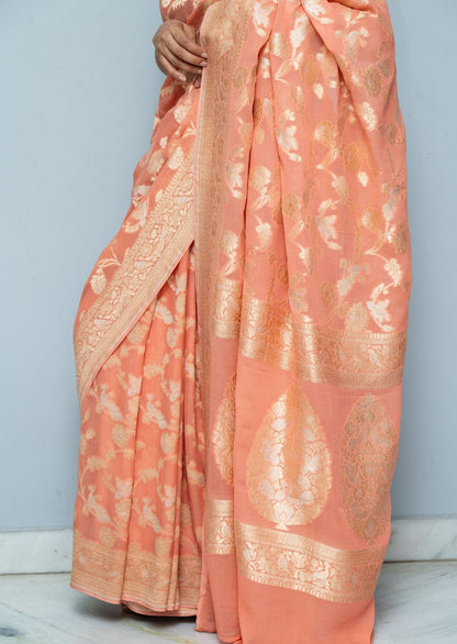 Peach Brocade Benarasi Georgette Silk