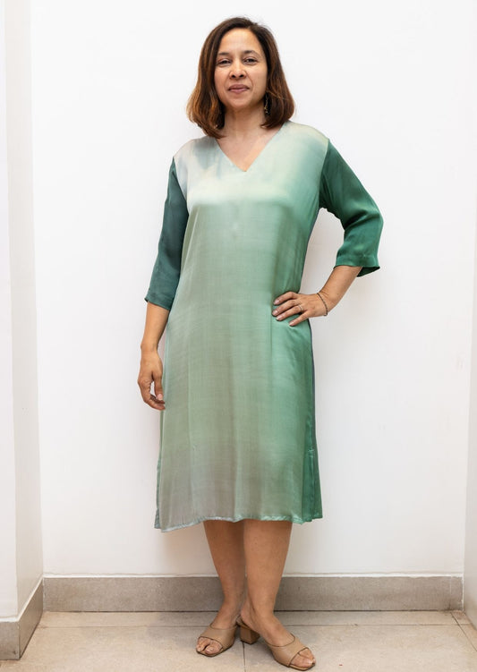 Green V Neck Shaded Modal Silk Dress