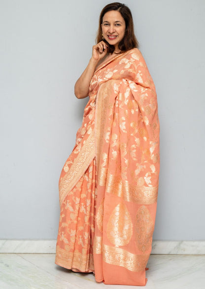 Peach Brocade Benarasi Georgette Silk