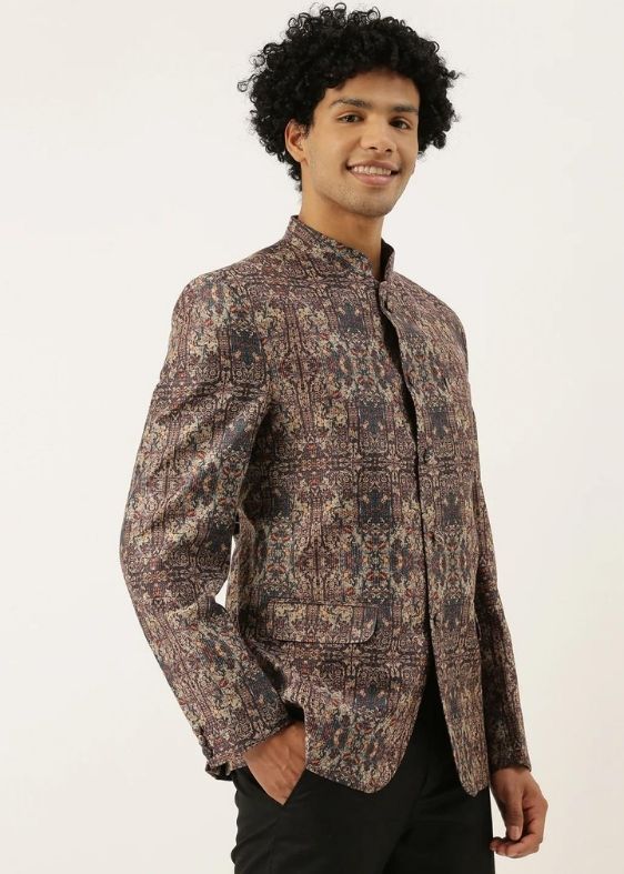 Chanderi Brown Printed Bandhgala