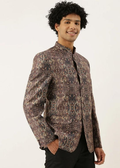 Chanderi Brown Printed Bandhgala