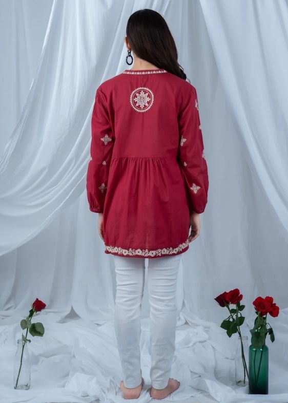 SS 2401 Red Embroidered Cotton Top