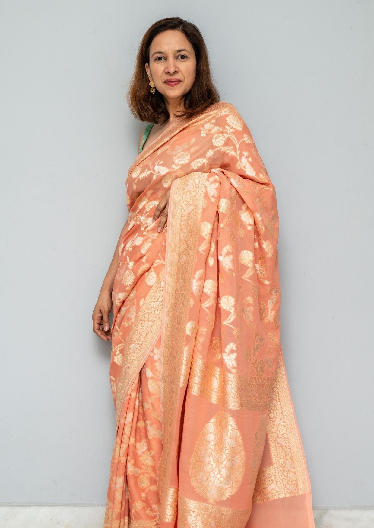 Peach Brocade Benarasi Georgette Silk