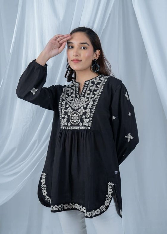 SS 2401 Black Embroidered Cotton Top