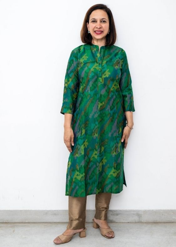 Green Chinese Collar Silk Long Kurta