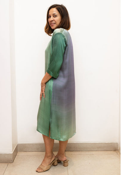 Green V Neck Shaded Modal Silk Dress