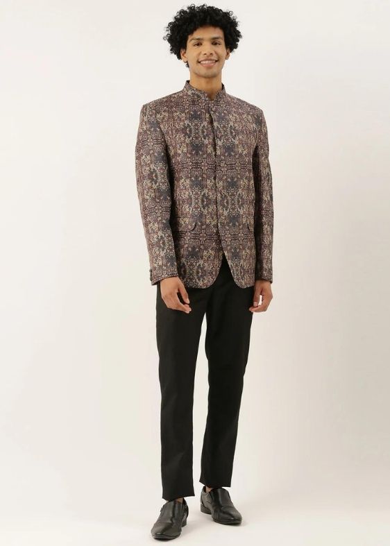 Chanderi Brown Printed Bandhgala