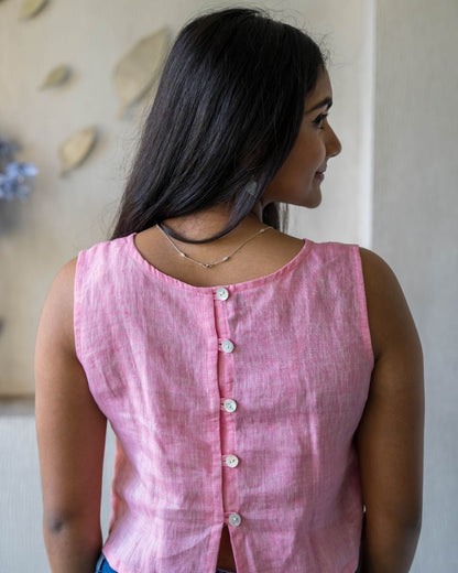 Pink Linen Floral Embroidery Sleeveless Linen Top