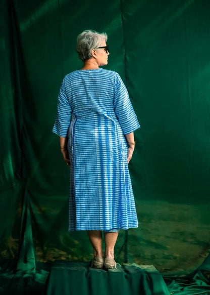 Overlap Pleated Blue Dress
