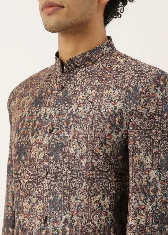 Chanderi Brown Printed Bandhgala