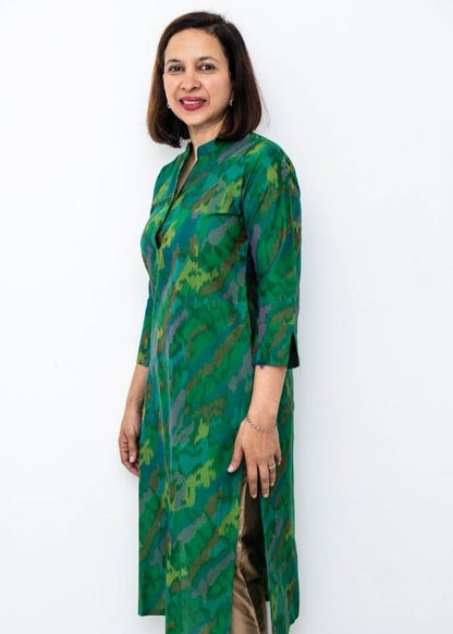 Green Chinese Collar Silk Long Kurta