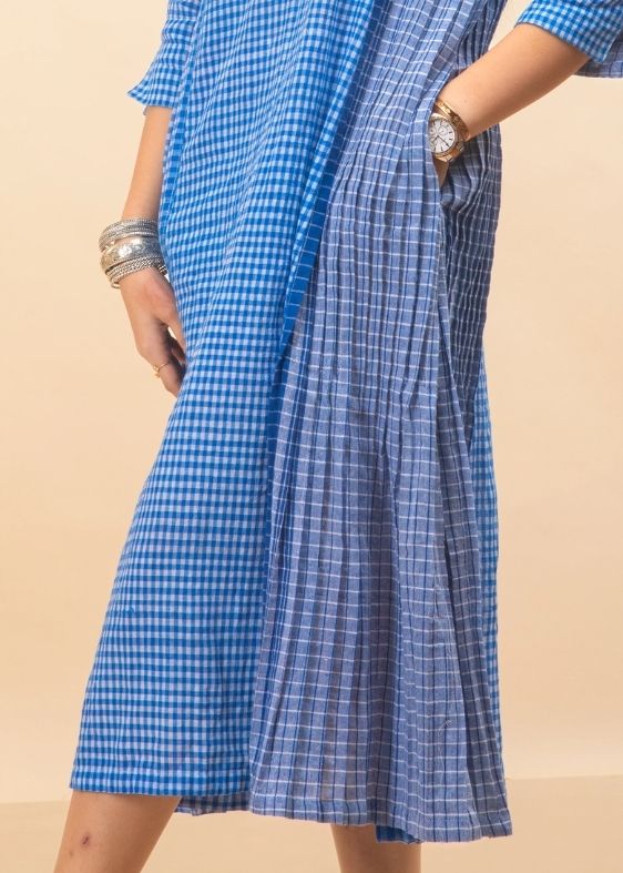 Overlap Pleated Blue Dress