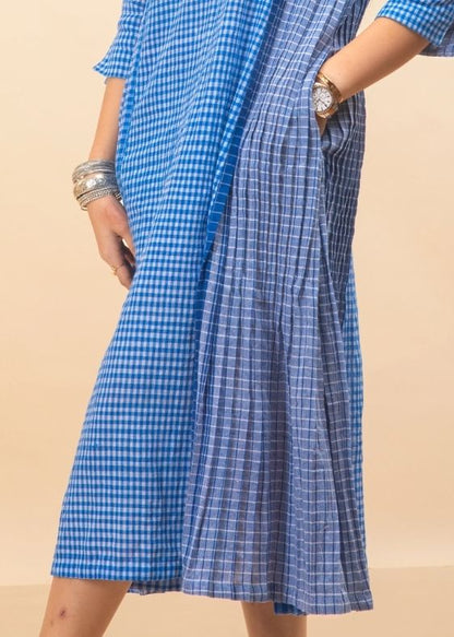 Overlap Pleated Blue Dress