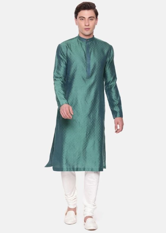 Green Blue Jaquard Kurta Set - MMK0573
