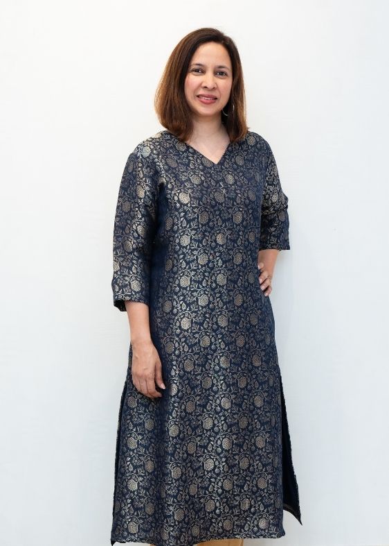 Blue V Neck Crepe Silk Dress