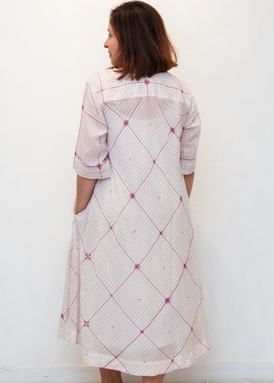 White and Pink Checks Jamdani Cotton Dress