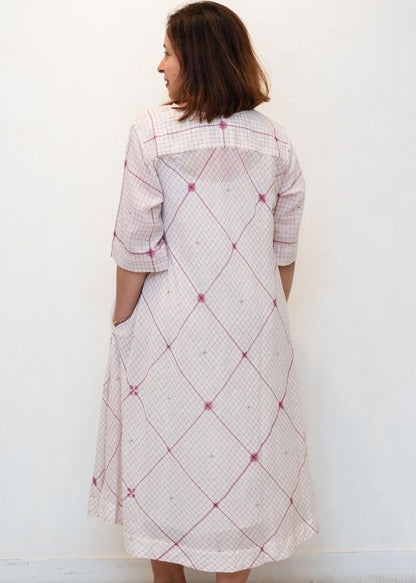 White and Pink Checks Jamdani Cotton Dress